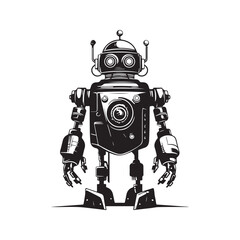 Fototapeta premium futuristic robot, vintage logo line art concept black and white color, hand drawn illustration