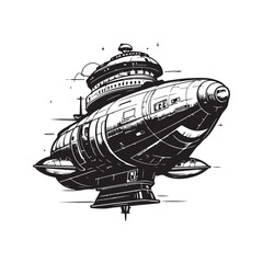 giant spaceship, vintage logo line art concept black and white color, hand drawn illustration © Artcuboy