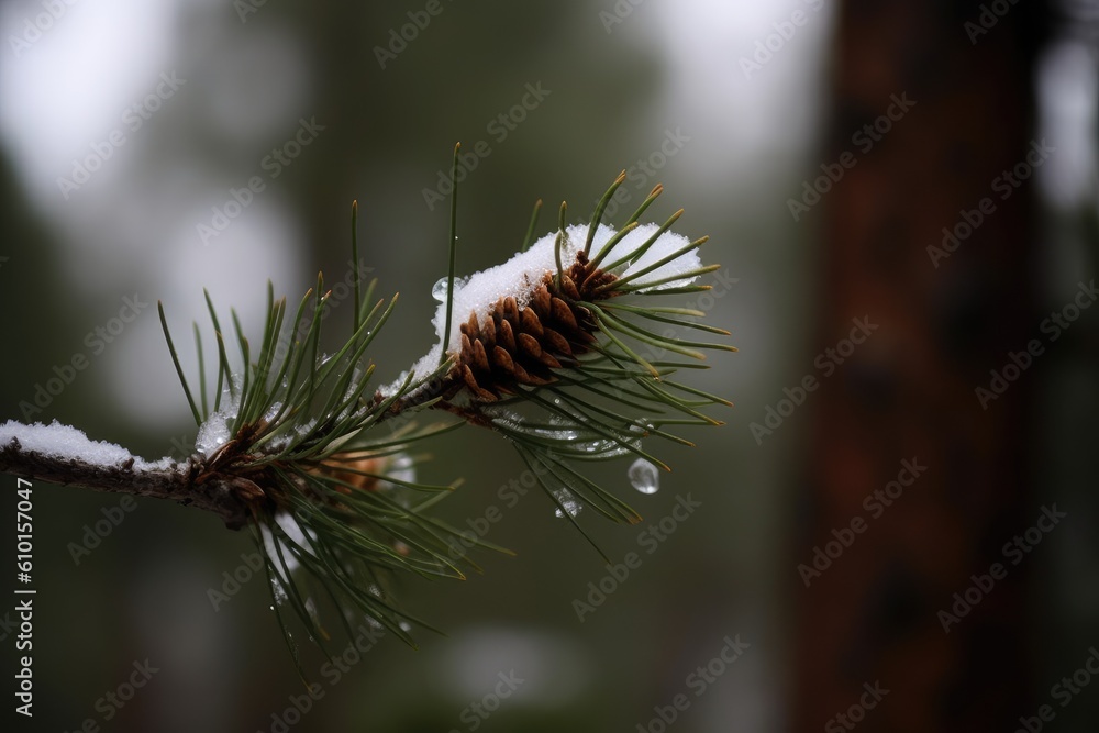 Aufkleber snow-covered pine tree branch generative ai