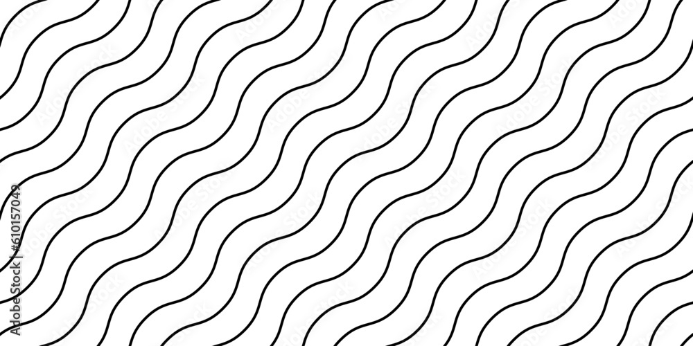 Poster Wavy lines seamless pattern. Undulate stripes repeating background. Black and white diagonal waves texture. Bent and curved linear wallpaper. Textile and fabric swatch design template. Vector