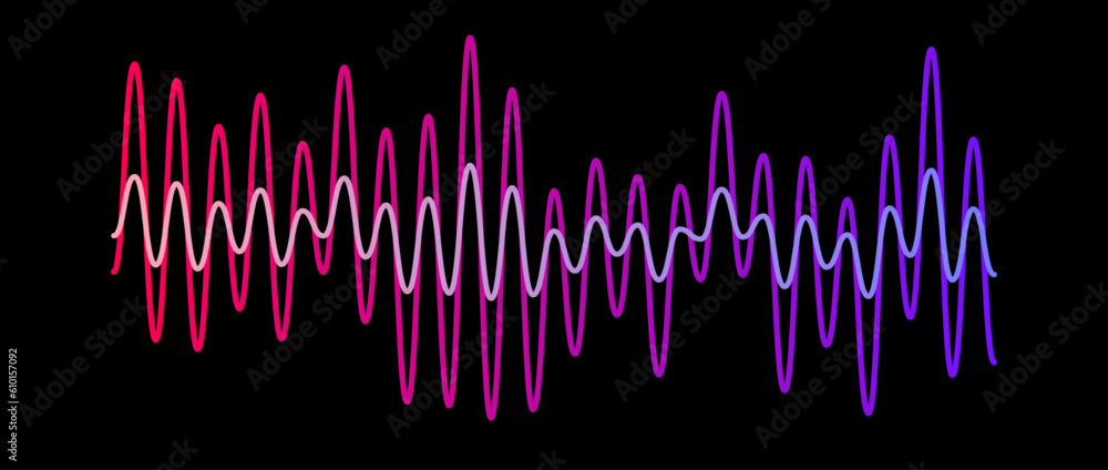 Poster Purple red gradient overlapping sound waves. Two sinusoid lines with different amplitudes. Voice or music audio samples. Electronic radio signal graphics on dark background. Vector