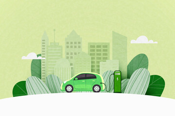 Green electric car charging at the charger station on the street with green city skyline in the background. Sustainable energy and Alternative Energy concept, Vector illustration.
