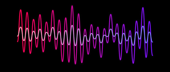 Purple red gradient overlapping sound waves. Two sinusoid lines with different amplitudes. Voice or music audio samples. Electronic radio signal graphics on dark background. Vector - obrazy, fototapety, plakaty