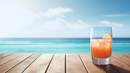 a glass of orange juice in wooden table and sea background ai generative