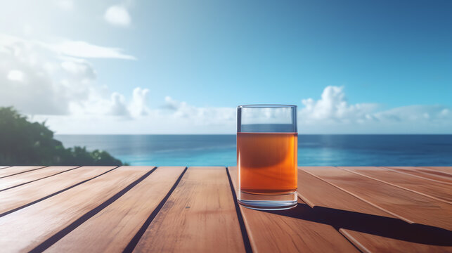 a glass of cocktail with sea background ai generative