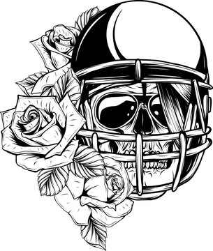 monochrome human skull with helmet fottball and rose flowers isolated vector illustration