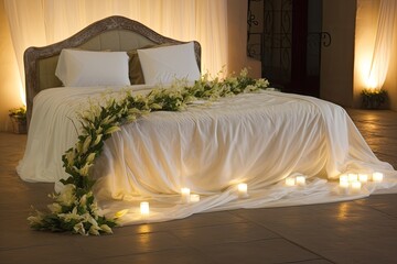 romantic bedroom with candles on the bed Generative AI