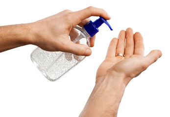 A human wipes her hands with an sanitizer hand-washing spray.