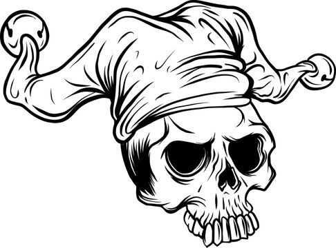 Skull in jester hat. monochrome vector illustration
