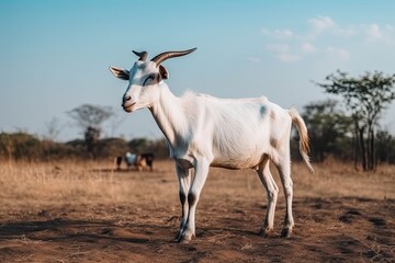 Obraz na płótnie Canvas white goat standing proudly on a barren grassland Generative AI