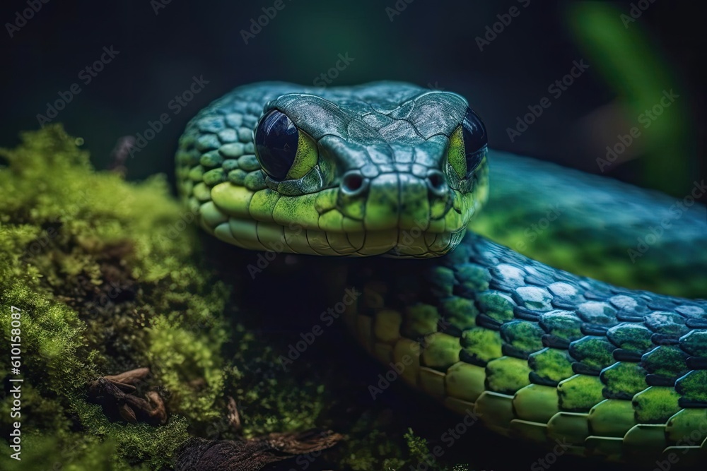 Poster green snake resting on a tree branch in the wild generative ai