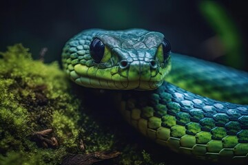 Obraz premium green snake resting on a tree branch in the wild Generative AI
