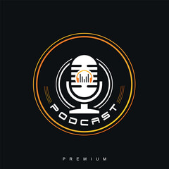 Podcast Logo. Emblem template with retro microphone