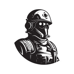 futuristic soldier, vintage logo line art concept black and white color, hand drawn illustration