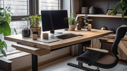 a roomy office and open space with two conference tables, wood walls, and a wooden desk, in the style of monochrome toning, photo-realistic landscapes, living materials, glazed surfaces, light silver 