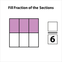 Fraction of the divided into slices. Fractions for website presentation cover poster Vector flat outline icon. isolated on white background. illustration. Fill fractions of the shapes 3 by 6.