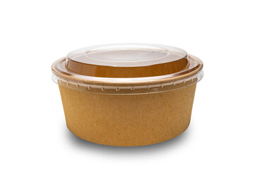 Side view closeup of brown paper bowl with plastic lid isolated on white background with clipping path.