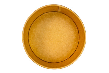 Top view closeup of new empty single brown paper bowl isolated on white background with clipping...
