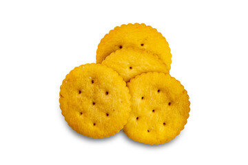 Top view closeup of delicious salted round crackers isolated on white background with clipping path.