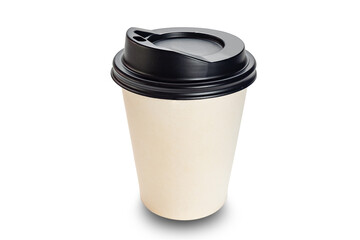 High angle view closeup of single smooth empty white paper coffee cup with black lid isolated on white background with clipping path.