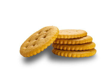 Side view stack of crunchy salted round crackers isolated on white background with clipping path.