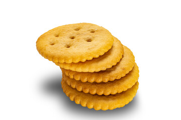 High angle view stack of crunchy salted round crackers isolated on white background with clipping path.