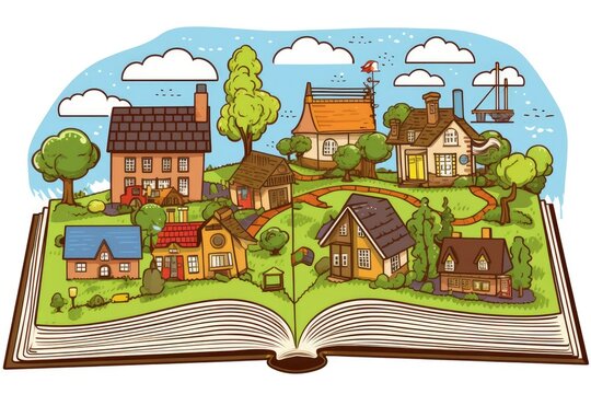 an open book with a whimsical village and nature scene on its pages Generative AI
