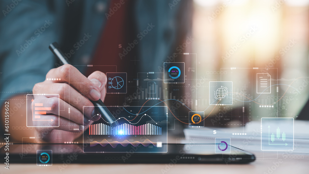 Poster analyst reading graph report and business statistics charts ,analysis and improvement of corporate s