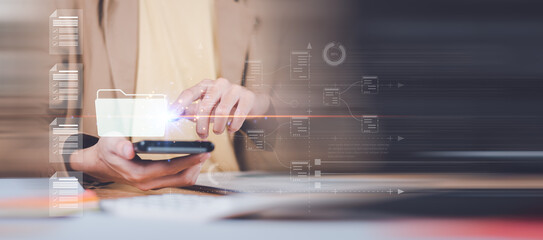 Auditor checking office documents ,Management of important document storage of organization ,ERP document system ,accountant Audit documents , quality assessment  With a checklist ,online database