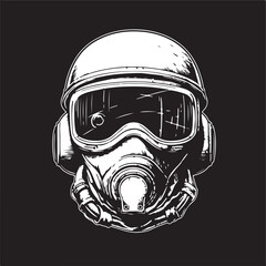 night vision helmet, vintage logo line art concept black and white color, hand drawn illustration