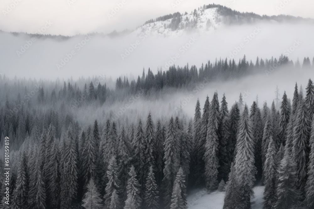 Aufkleber misty mountain shrouded in fog with a forest in the foreground generative ai