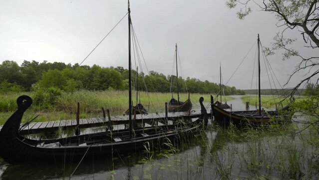 Replica Wooden Viking Boats Rest At Dock on Birka Island