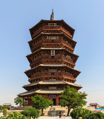 Yingxian Wooden Pagoda or Sakyamuni Pagoda at Fogong Temple in Ying County, Shuozhou, Shanxi, China on August 9, 2011. Built in 1056. Tallest and oldest existing wooden tower in the world.