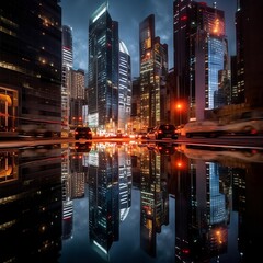 city night with skyscrapers, high rise building with reflection at night