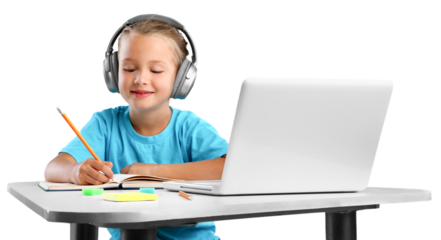 Child in headphones have a video call, distant class, using a laptop