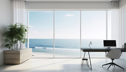 a contemporary office, beach backdrop, Generative AI