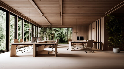 Fototapeta na wymiar a roomy office and open space with two conference tables, wood walls, and a wooden desk, in the style of monochrome toning, photo-realistic landscapes, living materials, glazed surfaces, light silver 