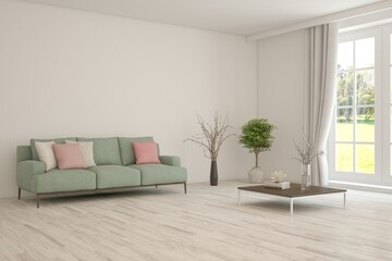 Bright interior design with modern furniture and summer landscape in window. 3D illustration