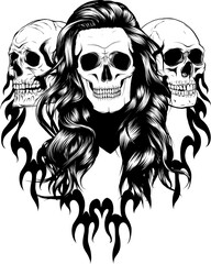 vector illustration of monochrome skulls with flames on white background.