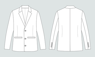 Blazer suit technical drawing fashion flat sketch vector illustration template front and back views