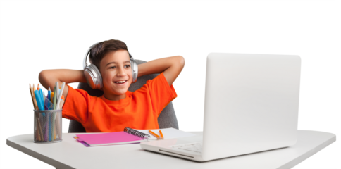 Child in headphones have a video call, distant class, using a laptop