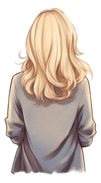 Blonde girl with long hair cartoon. Back view. Generative AI.