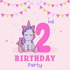 Birthday invitation for baby girl with cute unicorn, Birthday invitation. second year of birth