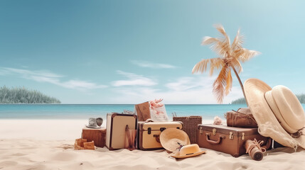 Naklejka premium vacation item and suitcase in hot beach ai generative