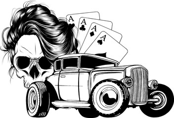 Vector illustration of Monochrome skull with hot rod and poker aces on white background
