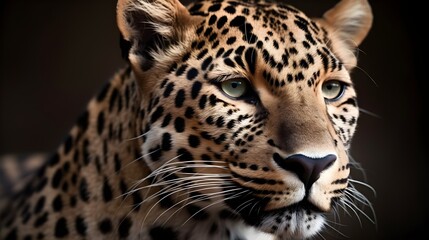 Fototapeta na wymiar Close up portrait ferocious carnivore leopard, stare or looking at straight forward at dark background. Generative AI technology.