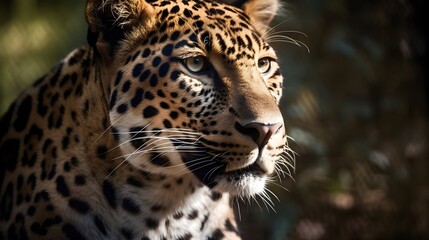 Close up portrait from side face ferocious carnivore leopard, stare or looking straight forward at nature background. Generative AI technology.