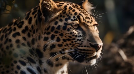 Naklejka na ściany i meble Close up portrait from side face ferocious carnivore leopard, stare or looking straight forward at nature background. Generative AI technology.