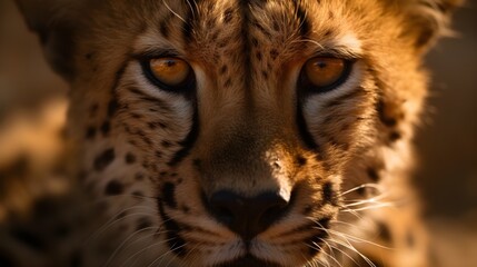 Close up portrait ferocious carnivore leopard, stare or looking at the camera at nature background. Generative AI technology.