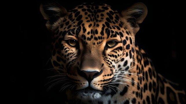 Close up portrait ferocious carnivore leopard, stare or looking at the camera at dark background. Generative AI technology.